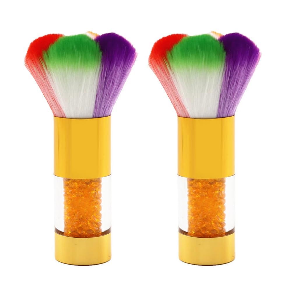 2Pcs Rainbow Nail Dust Brush, Colorful Nail Dusting Brushes, Nails Cleaning Brush with Rhinestone Handle, Professional Manicure Duster Remover Brush for Nail Glitter, Powder & Salon DIY Manicure-Gold