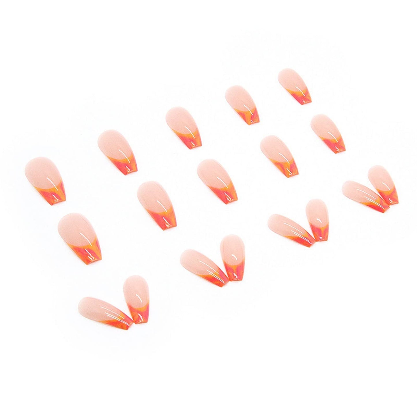 MISUD Press on Nails - Long Coffin Glue on Nails with French Tip, Acrylic Summer Orange Design 24 pcs