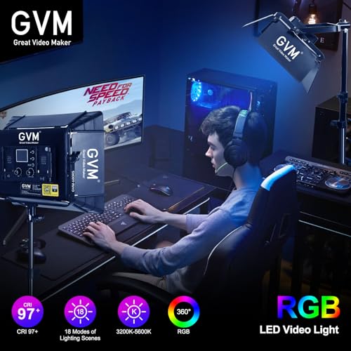 GVM RGB Photography Lighting Kits with 2 Softboxes, 880RS 60W Studio Lights with Bluetooth Control, 2 Packs Video Light with 18 Lighting Scenes, led Panel Lights for Video Recording, 8330lux/0.5M - size: 2 Packs with Softbox