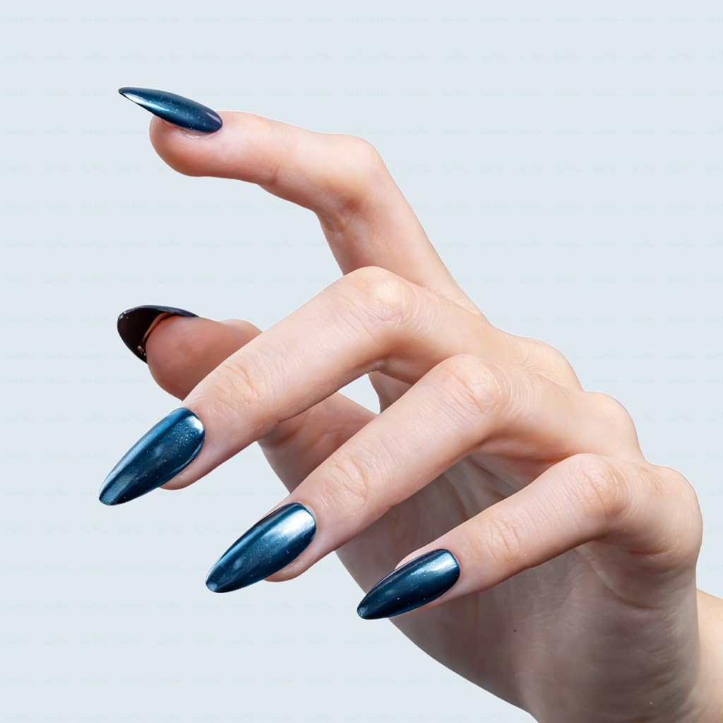 IntoVibes 10 Pieces Handmade Press On Nails Medium Almond, Metallic Blue Thickened False Nails, Reusable Fake Nails Almond, Reusable Acrylic Nails (M)
