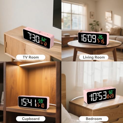 Netzu 3-in-1 Digital Clocks for Living Room, Small & Compact Alarm Clock | Temperature, Date & Time Display, 4 Birghtness, 3 Volumes, Plug-in, for Bedroom, Office