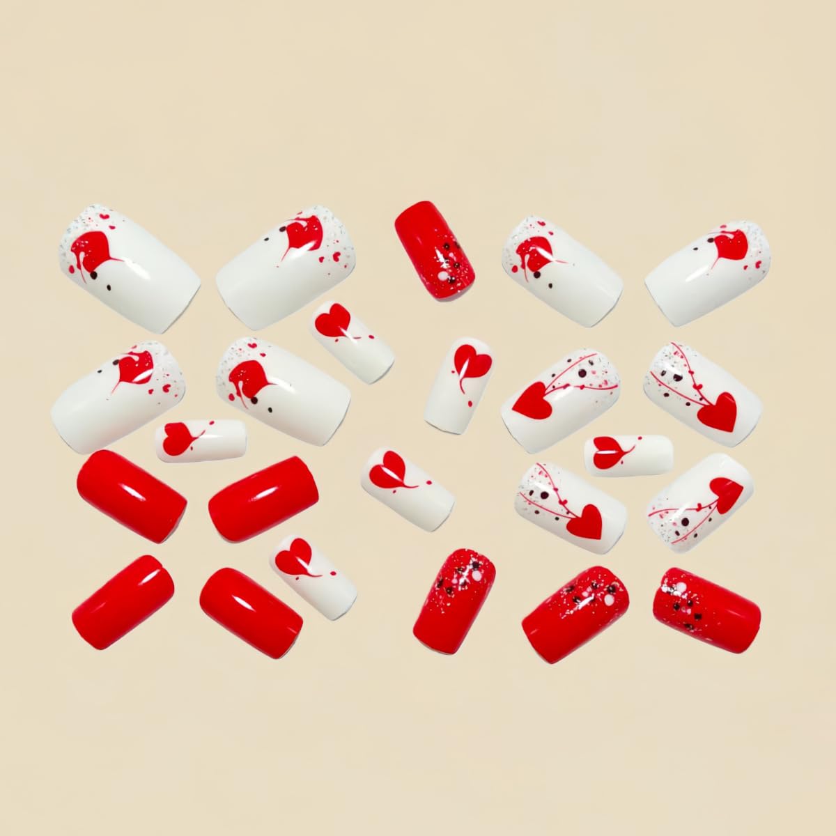 Valentine Press on Nails Medium Press on Nails with Glitter Designs Red Square False Nails Glossy Full Cover Stick on Nails Gradient Reusable Acrylic Nail Valentine Glue on Nails for Women 24Pcs