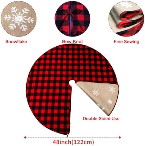 OurWarm 48 Inch Christmas Tree Skirt Red and Black Buffalo Plaid Christmas Tree Skirt, Double Sided Burlap Tree Skirt Snowflake Xmas Tree Skirt for Holiday Rustic Vintage Christmas