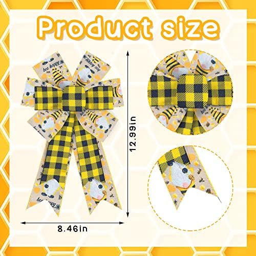 Hying 2PCS Spring Bee Bow for Wreath, Yellow Bumble Bee Wreath Bow Gnome Yellow Buffalo Plaid Bows for Front Door Indoor Outdoor Tree Topper Decoration Supplies Ornament