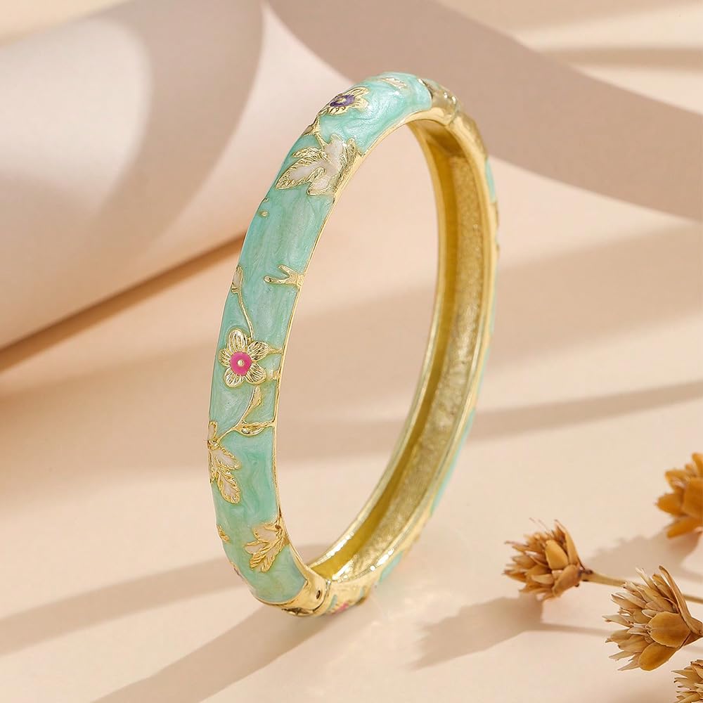 Cloisonne Bracelet For Women, Chunky Bangle Trendy Cute Flower Enamel Bangles Multi Tone Engraved Cuff Gold Plated Bracelets Stackable Wife Jewelry Friendship Gift (Light Blue, One Size)