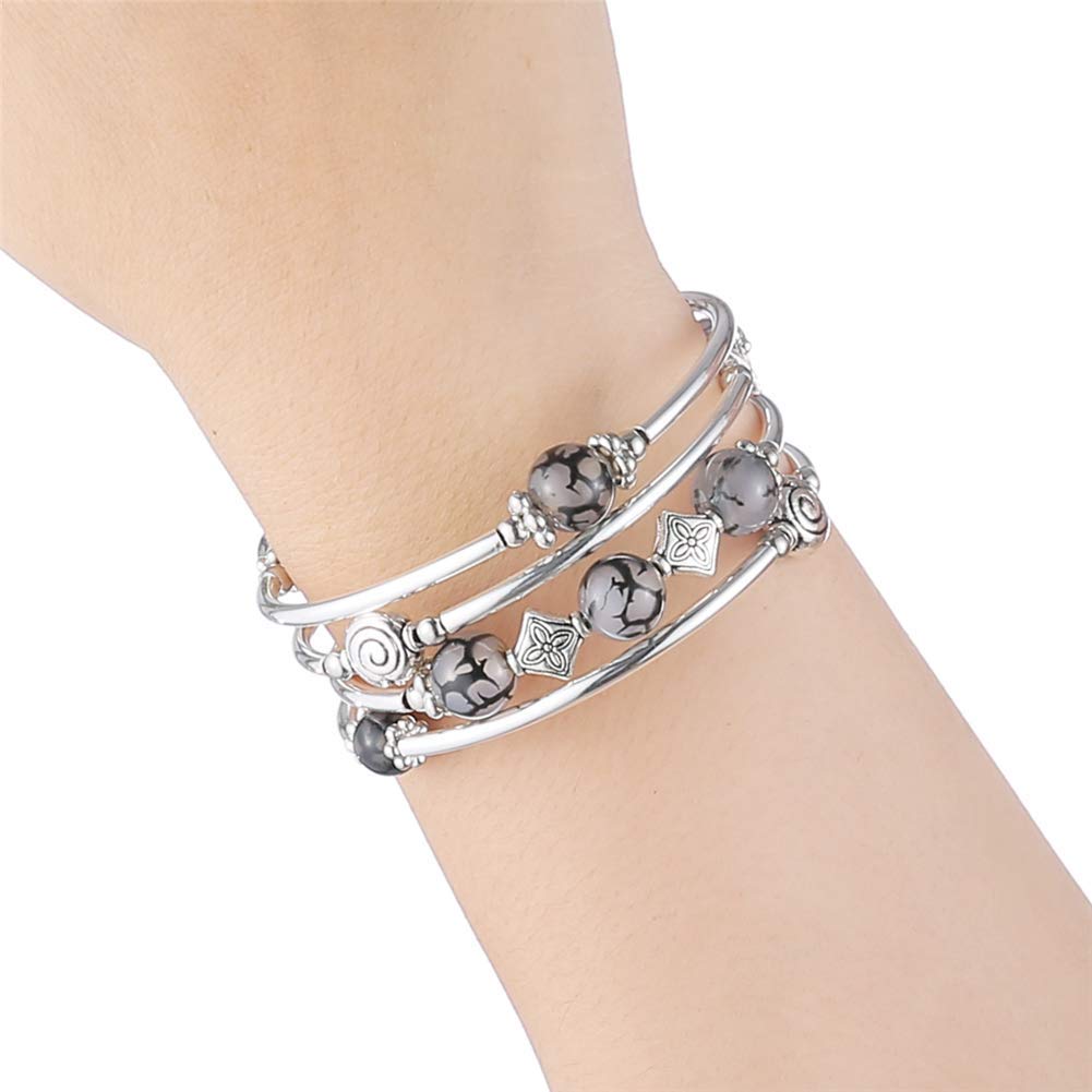 Beaded Pearl Bangle Wrap Bracelet - Fashion Bohemian Jewelry Multilayer Charm Bracelet with Thick Silver Metal Beads, Gift For Women(Grey)