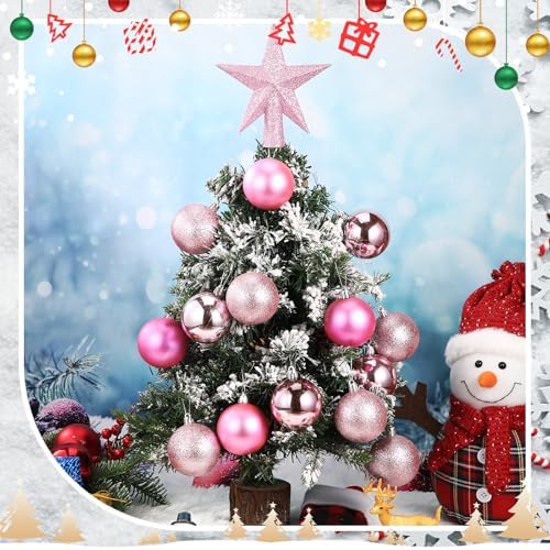 RoundFunny 25 Pcs Mini Christmas Balls Ornaments Set 2.36 Inch Christmas Day Ball Topper Star Tree Hanging Ornaments for Party Decoration(Pink)