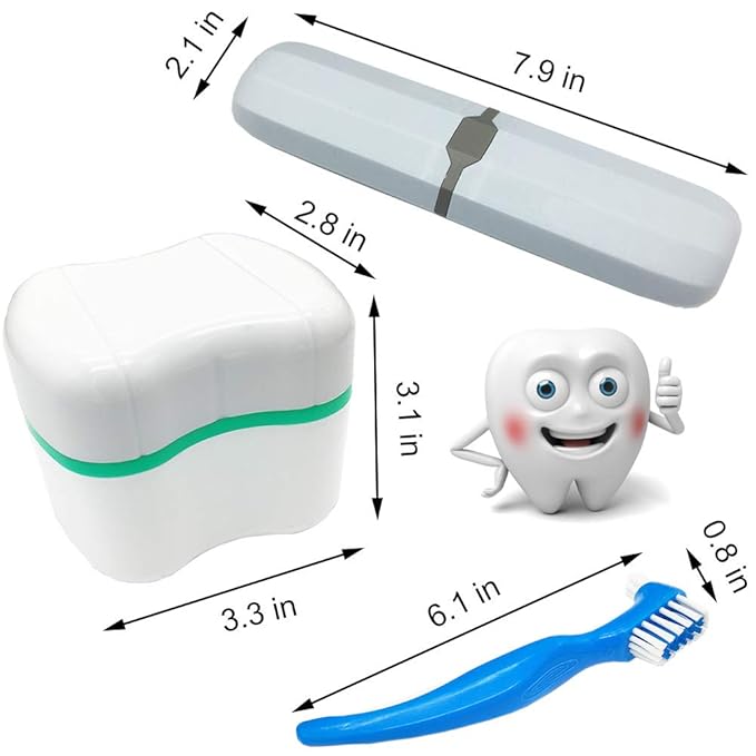 Denture Case Kit - 2 Bath Cups, 2 Brushes & 2 Portable Toothbrush Boxes, Retainer Bath With Lid, Cleaning Boxes, Travel Toothbrush Kit