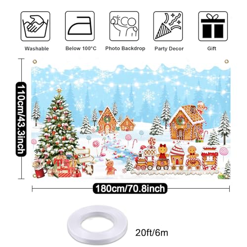 Mocsicka Gingerbread House Christmas Backdrop Blue Winter Merry Christmas Decorations Banner Sweet Gingerbread Candyland Photo Background Holiday Photo Booth Props - color: Blue