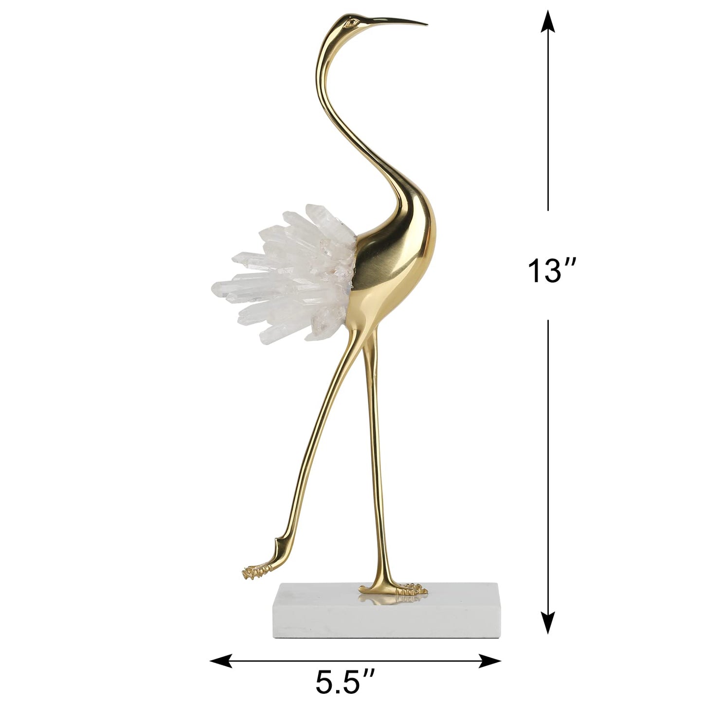 suruim Elegant Gold Crane Bird Statues with Crystal Tail Accents, Decorative Brass Figurines for Home Decor (White B)