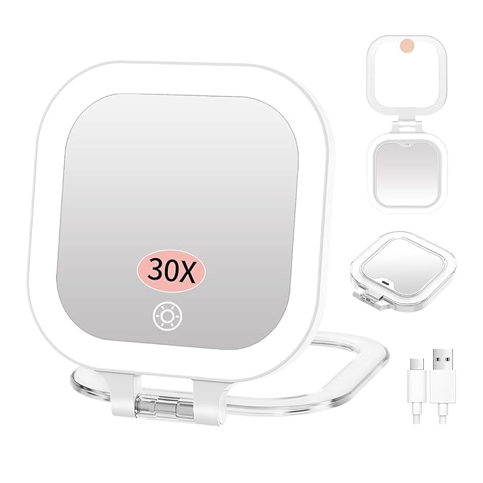 FUNTOUCH 4inch 1x 10x Magnifying Travel Makeup Mirror with Lights, Rechargeable Lighted Compact Mirror with Light, 3 Color Lighting, Double Sided Portable Handheld Hanging Compact Mirror, Dimmable