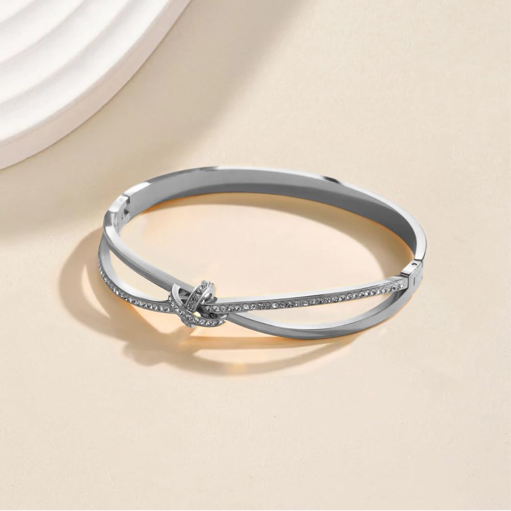Bow Bangle Bracelet for Women Personalized Cubic Zirconia Stainless Steel Cross Bracelets Oval Butterfly Knot Bangles Bracelets Gifts for Love, Small
