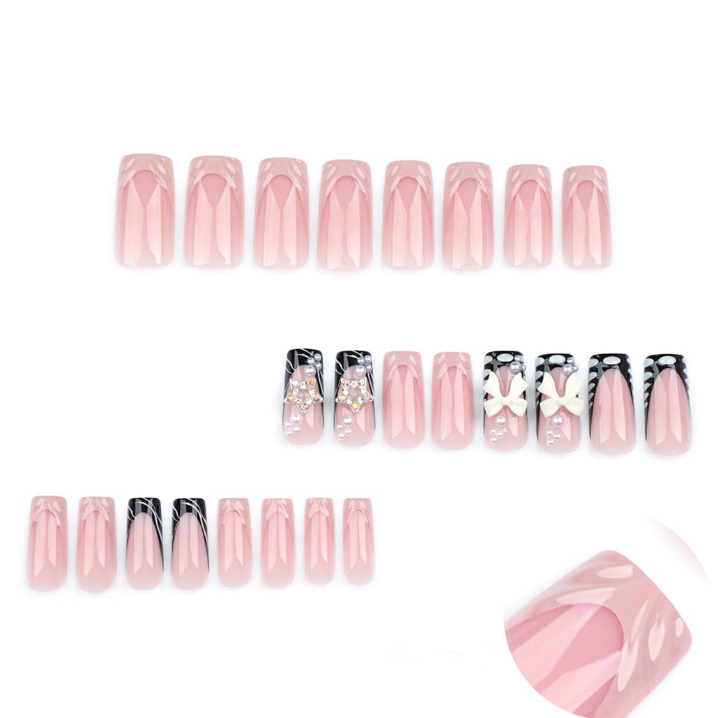 Foccna Press on Nails Medium Long Rhinestone Pink Fake Nails Square Pearl Bling Glossy 3D False Nail Tips Black Artificial Nails Finger Manicure for Women and Girls,24pcs