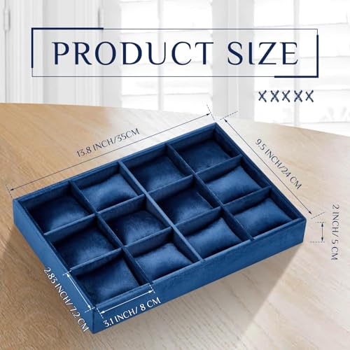 Henoyso 2 Pieces 12 Grid Velvet Watch Tray Jewelry Organizer Stackable Watch Bracelet Bangle Display Holder Adjustable Pillow(Blue) - color: Blue, size: 12 Grid