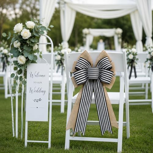 2 Pcs Black and White Striped Burlap Wreath Bows, Large Farmhouse Hanging Bows with Wired Edge, Decorative Bow for Front Door Wreath, Porch, Wall, Stair Rail, Halloween, Wedding, Christmas Decor