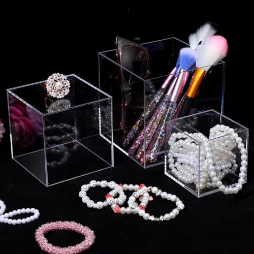 3 Pcs Acrylic Boxes for Display, 3" 4" 5" Small Square Clear Acrylic Cube with Hollow Bottoms, Nesting Riser Display Stand Shelf Food Risers for Buffet Table Dessert Collectibles Jewelry Figures Show