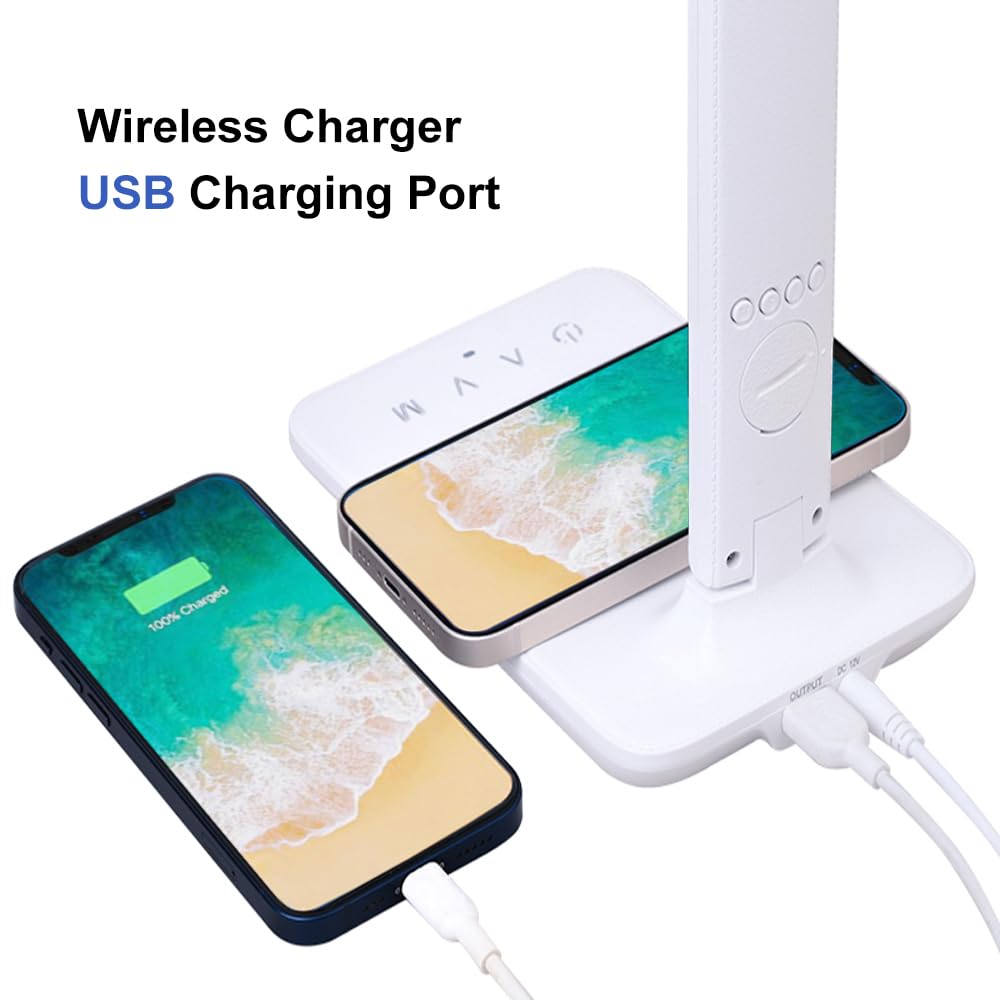 wanjiaone Multifunctional LED Desk Lamp with Wireless Charger,USB Charging Port,Clock,Phone Holder,Desk Lamps for Home Office,Eye-Caring Reading Lamp,Study Lamp for Boys,Girls,Teens,White