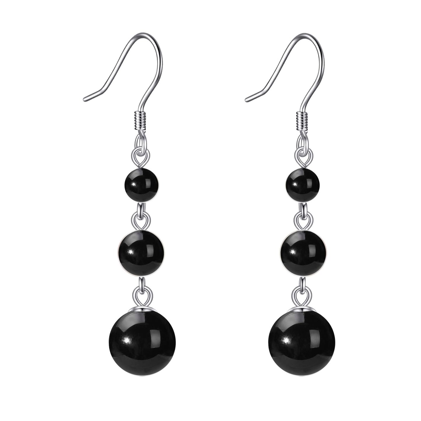 925 Sterling Silver Black Onyx Dangle Earrings Three Balls Drop Jewelry Birthday Gifts for Women (Black Onyx)