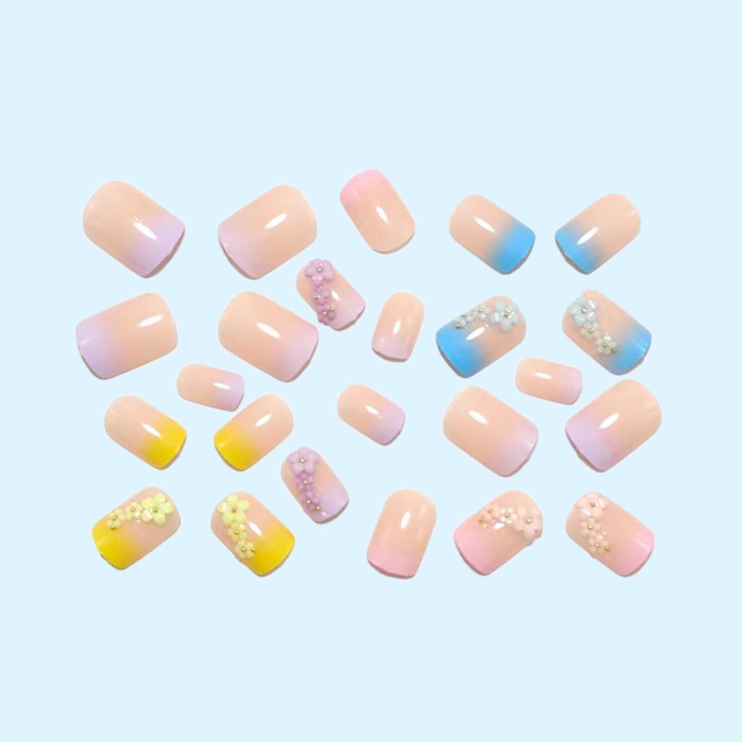 Flower Press on Nails Short Square Fake Nails Spring False Nails with Flowers Charms Design Gradient Colorful Artificial Nails Full Cover Glossy Summer Floral Stick on Nails for Women DIY Manicure