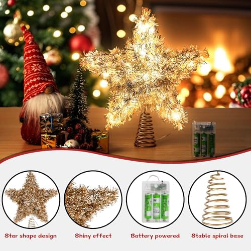 Christmas Tree Topper Star Shiny Gold Tinsel Star Tree Topper 10 Inch Lighted Tree Topper Battery Operated Christmas Tree Decoration for Holiday Indoor Decoration Warm White Light