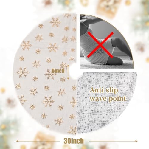 30" White Plush Faux Fur Christmas Tree Skirt with Gold Sequin Snowflakes