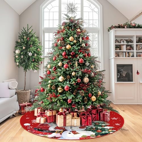 Christmas Tree Skirt 48 inch, Red Plush Snowman Snowflakes Christmas Tree Skirt, Farmhouse Xmas Tree Skirt Ornaments for Christmas Tree, Holiday Decor Party Christmas Decorations (48 inch)