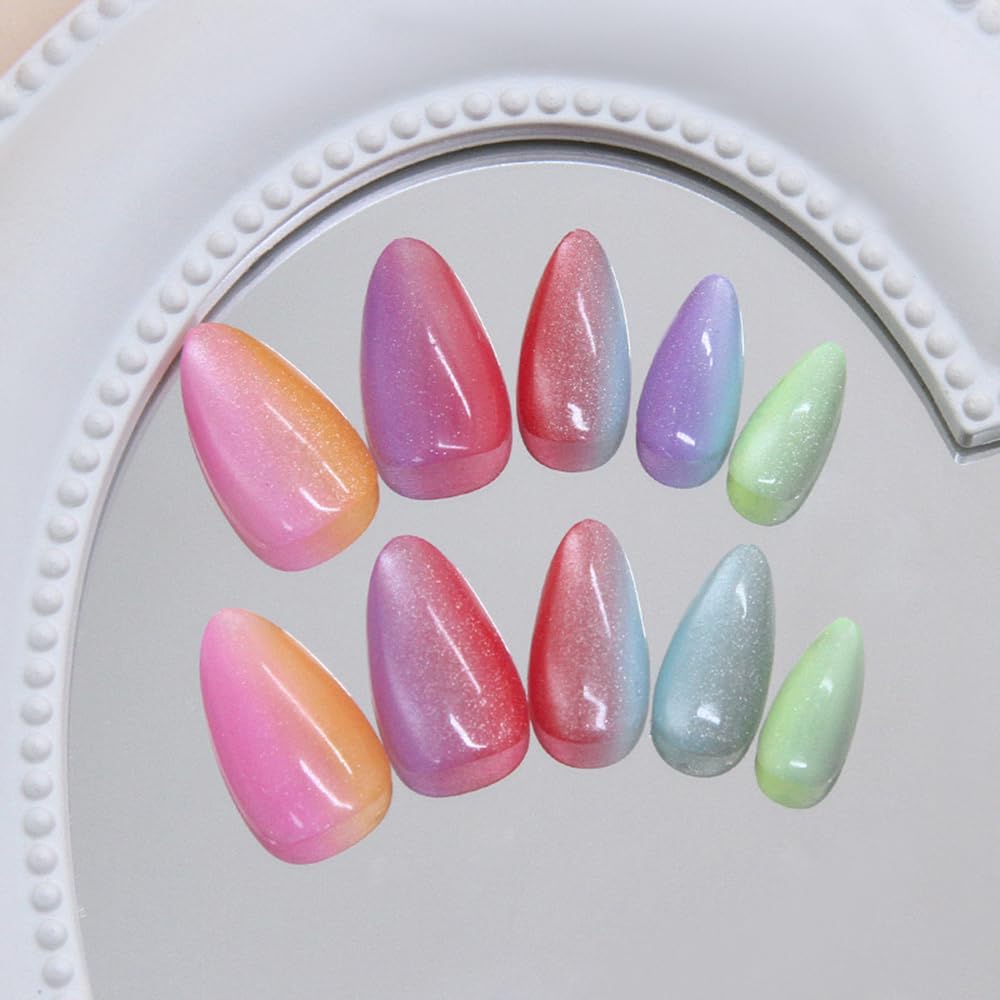 Almond Press on Nails Short Colorful Gradient Fake Nails Ombre Cat Eye False Nails Glossy Cute Dopamine Vitality Rainbow Glue on Nail Acrylic Nails Reusable Stick on Nail for Women Manicure 30Pcs
