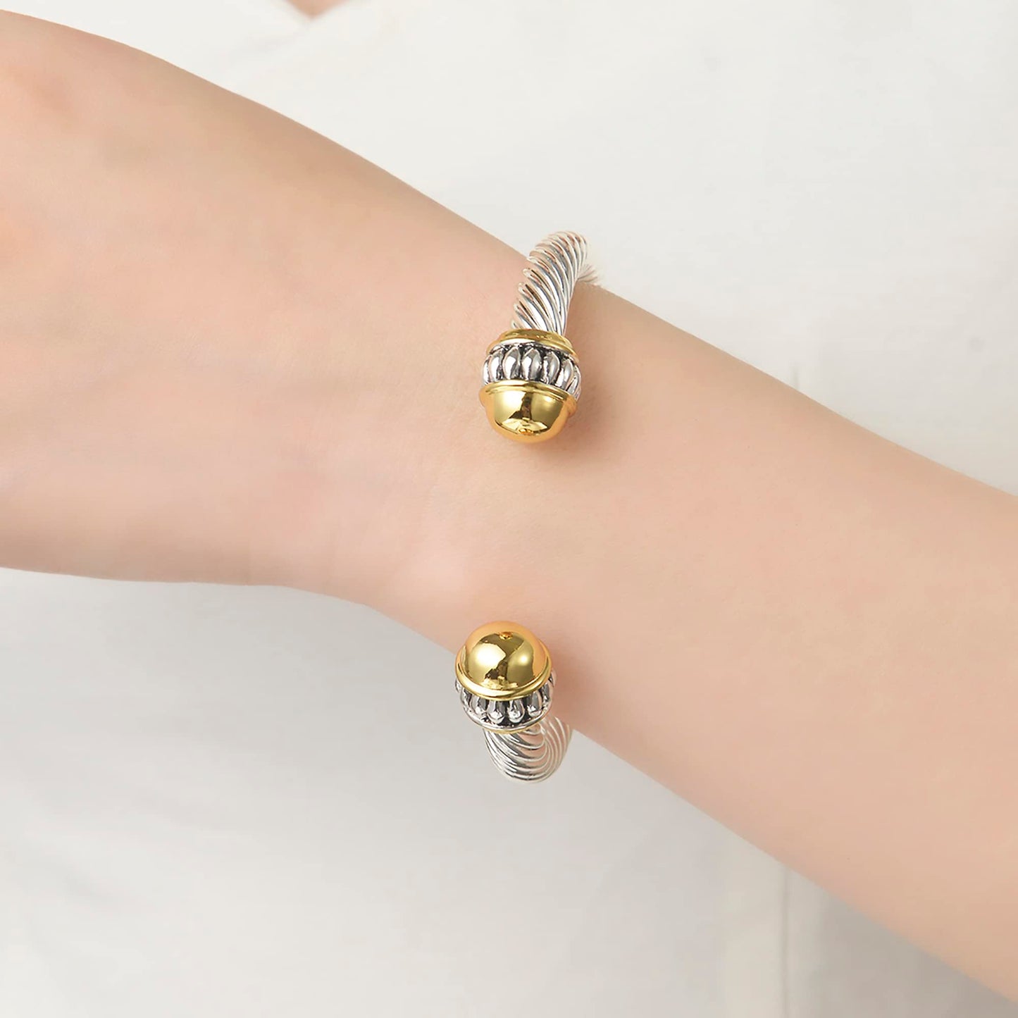 UNY JEWEL Jewelry Make a Statement Two Tone Twisted Cable Wire Caviar Gold Ball Cuff Bangle Makes a Stylish Christmas Gift(Two Tone Ball)