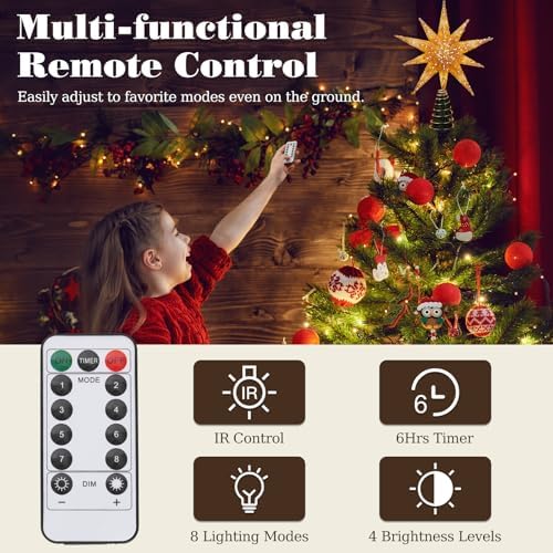 Lewondr Christmas Tree Topper Star, 13inch Xmas Tree Topper with LED Light Beads, Remote & USB Operated 10-Point Star Treetop for Home Christmas Decoration, 6H Timer & 8 Lighting Modes, Gold