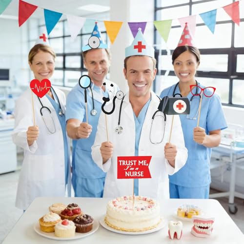 40 Pcs Professional Medical Photo Booth Props Kit for Adult Events, Dental Office Celebrations, Doctor & Nurse Graduation, Hospital-Themed Photoshoot Accessories with Wooden Sticks