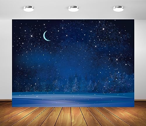 BELECO 12x8ft Fabric Winter Wonderland Night Snowfall Backdrop Blue Starry Sky Moon Stars Snowflakes Fir Trees Pine Forest Snow Scene Background Christmas New Year Party Decoration Photo Studio Props - size: 12x8FT