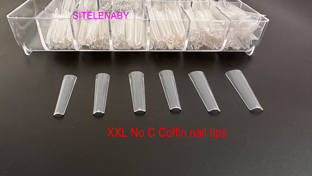 SITELENABY 500pcs Extra Long Clear Acrylic Coffin Nails - No C Curve, 10 Sizes (Coffin 500pcs) With Case