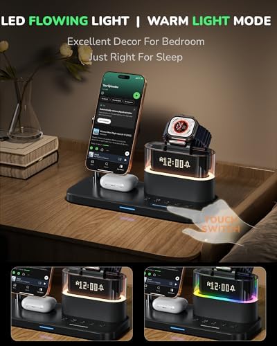 5 in 1 Wireless Charging Station with Alarm Clock Night Light for Apple