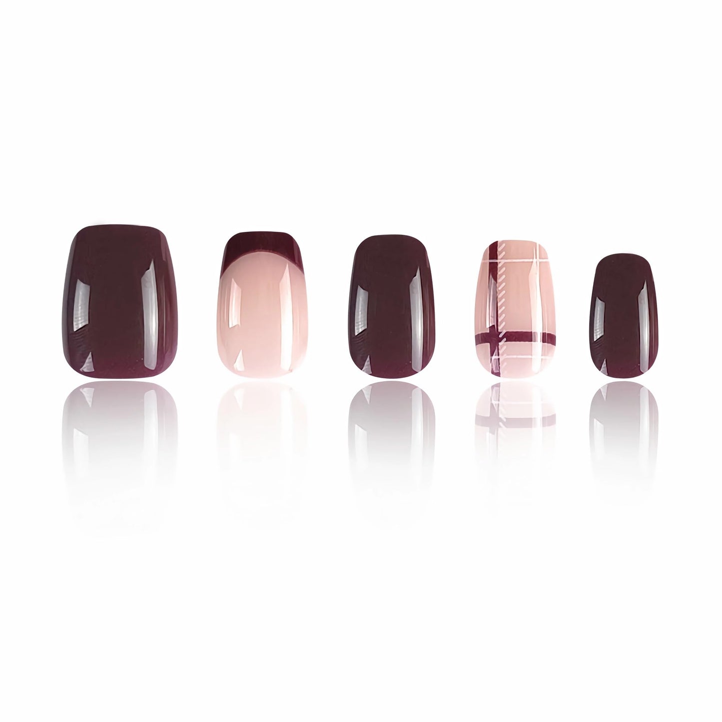 BABALAL Short Square Press on Nails, Red Fake Nails Glue on, French Tip Fall Plaid Design 24Pcs Cute Squoval Manicure Artificial False Nails for Women and Girls