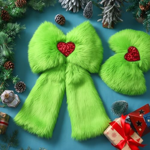 Soulchen 2 Pcs Extra Large Green Christmas Bows Ornaments 23.6" x 13.8" Lime Green Plush Christmas Tree Topper Decorations Furry Xmas Tree Topper for Wreath Door Window Fireplace Staircase Decor