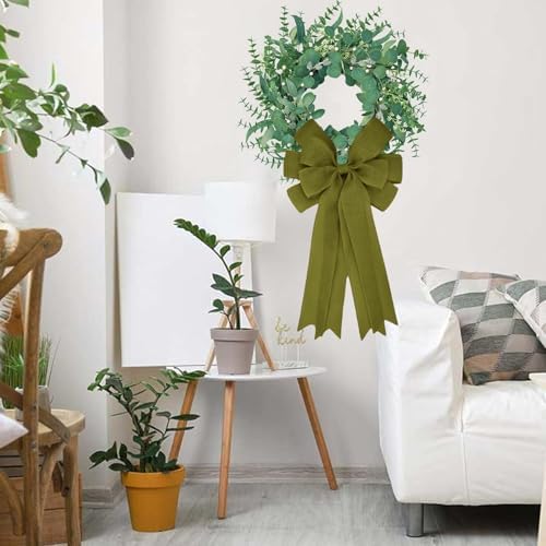 Meseey Double Pack 20X10 Inch Oversized Sage Green Burlap Bows Farmhouse Christmas Tree Topper & All-Weather Wreaths Decor, Heavy Duty Gift Wrapping Accents for Front Door/Cabinet (Sage Green)