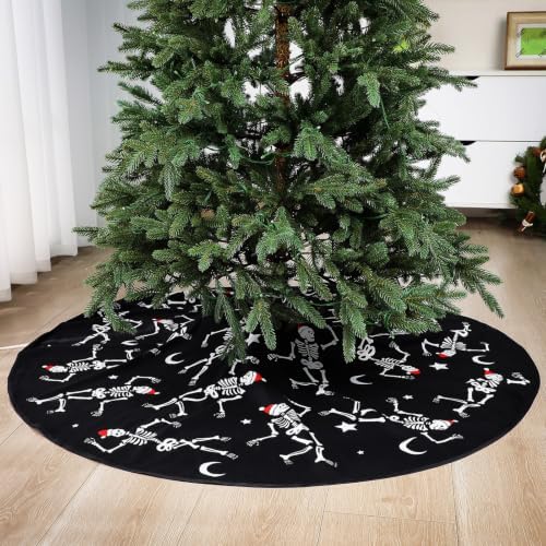 Arrowbash 48 Inch Gothic Christmas Tree Skirt Black White Dancing Skeleton
