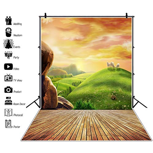 AOFOTO 5x7ft Photography Backgrounds Photo Backdrop Dreamy Pastoral Scenery Cartoon Painting Rosy Clouds Sheep Grass Hillside Wood Floor Props Video Studio Baby Kid Artistic Portrait Vinyl Wallpaper - size: 5x7ft