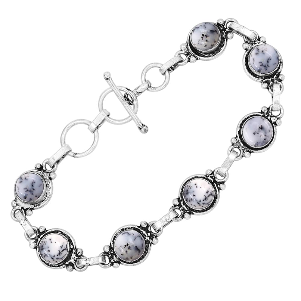 Natural Dendrite Opal 925 Silver Plated White Gemstone Bracelet for Women - October Birthstone Vintage Style Handmade Adjustable Bracelet - Mother's Day Gifts for Her