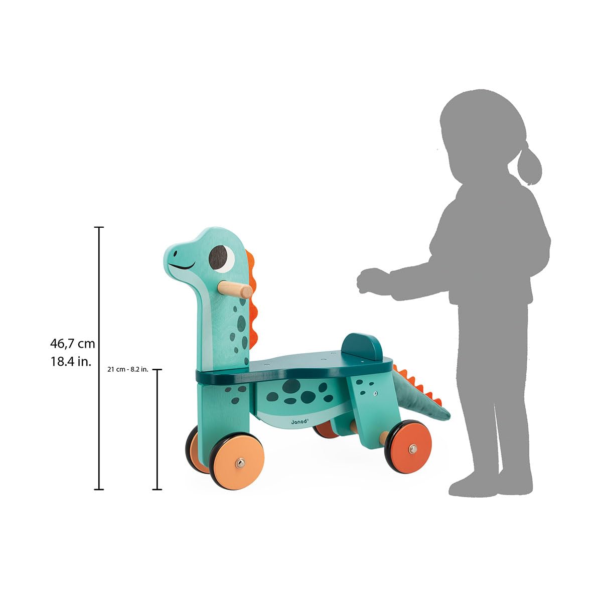 Janod Dino - Ride-On Wooden Dinosaur ‘Portosaurus’ - 18.5” Tall Adorable Scooting Toy with Steerable Front Wheels - Includes Plush Tail - Ages 12 Months- 4 Years - J05828