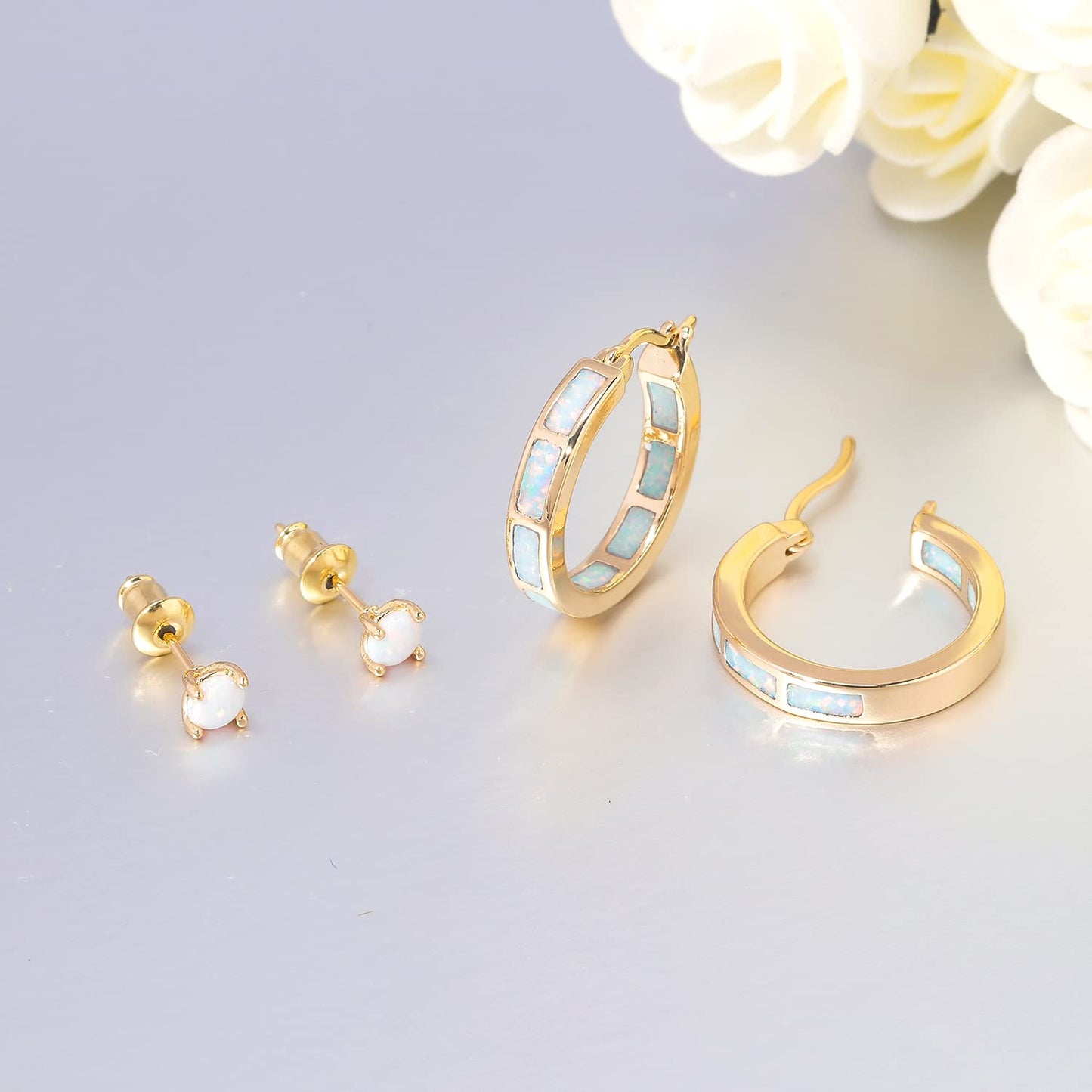 CiNily 2 Pairs Hoop Earring Set for Women Yellow Gold Plated Opal Small Hoop Earring Hypoallergenic Opal Stud Earrings
