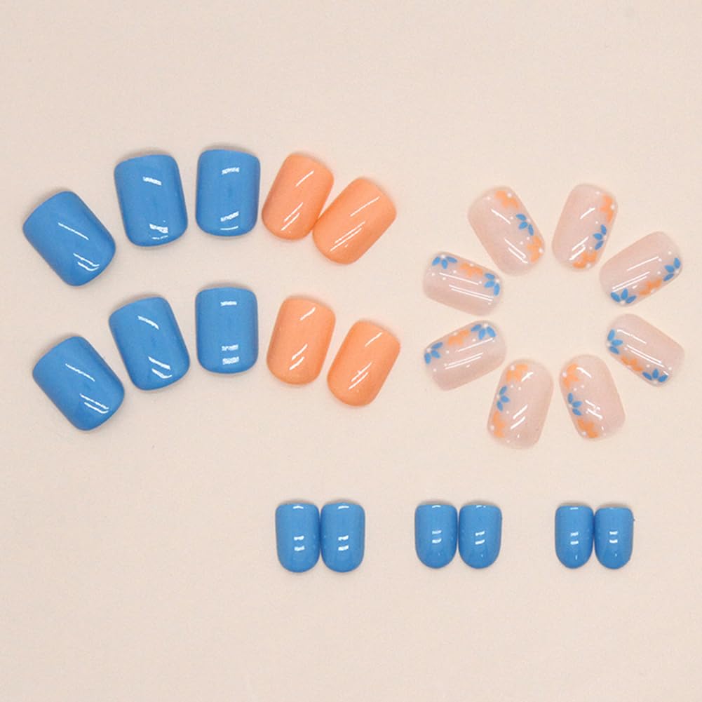 Extra Short Press On Nails Glue On Square Short Glossy Blue Fake False Nails with Small Floral Press ons Designs Artificial Stick on Nail for Women 24Pcs