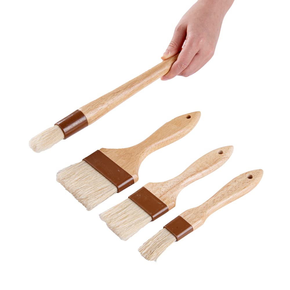 Restaurantware-Pastry Tek Wide Buttering Brush Set, 1 Set of 4 Boar Bristle Pastry Brushes - Hardwood Handle, Sturdy Ferrule, Wood Basting Brushes, Built-In Hanging Hole, For Glazing And Basting