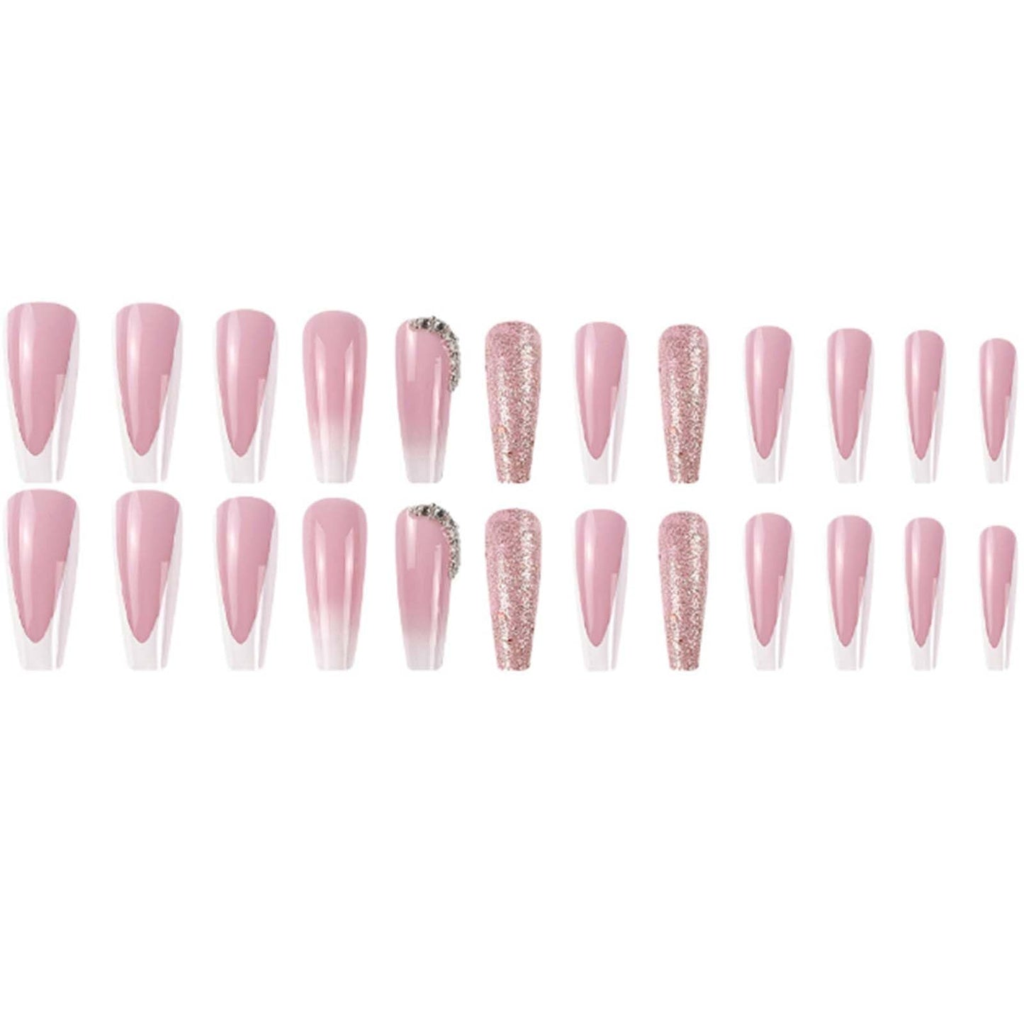 Gifiky Long Coffin False Nails White French Press on Nails Gradient Nails Tips Acrylic Cute Glitter Fake Nails for Women and Girls 24Pcs
