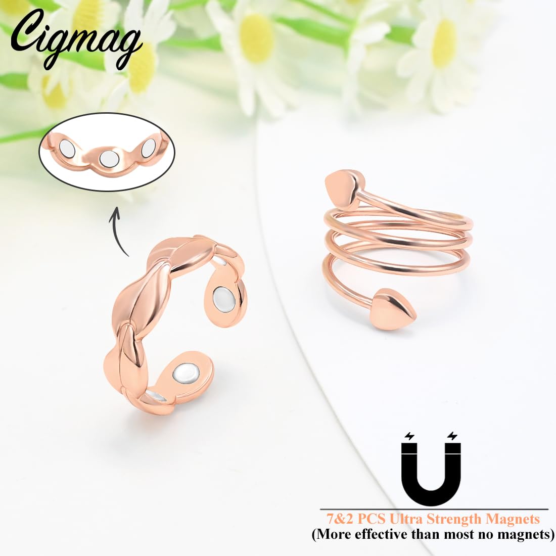 Cigmag 2PCS Copper Rings for Women Adjustable Solid Pure Magnetic Rings with Present Box
