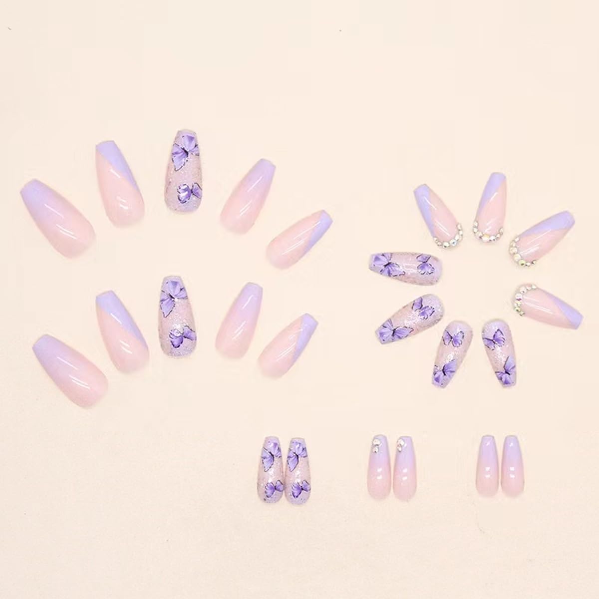 Medium Press on Nails Coffin - Purple Fake Nails with Butterfly Design - Rhinestone, Ombre Full Cover Stick on False Nails -for Women 24 Pcs