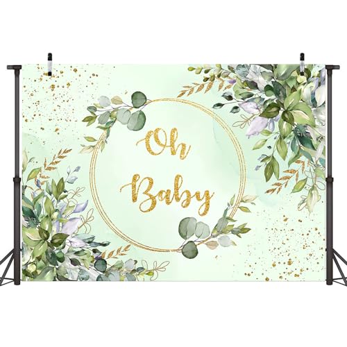 Sensfun Sage Green Baby Shower Backdrop Neutral Baby Shower Decorations Greenery Eucalyptus Gold Oh Baby Banner Photography Background for Boy Girl Gender Reveal Party Photo Booth Supplies 10x6.5ft - size: 10X6.5ft