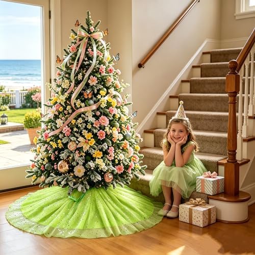 Green Tree Skirt 48'', Fluffy 3-Layer Tulle Tree Rug with Gold Star Sequins