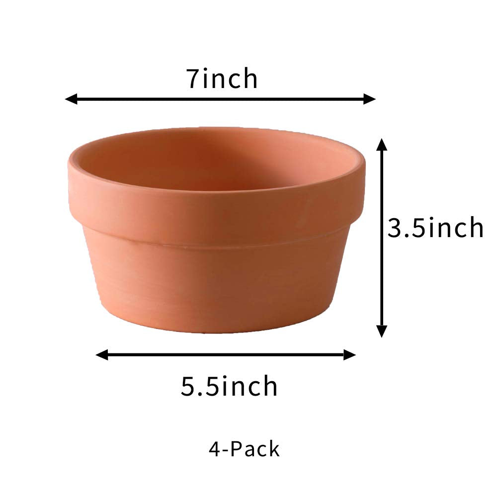 Yishang Terracotta Shallow Planters for Succulent - 7 Inch Cactus Plant Containers Indoor Garden Bonsai Pots with Drainage Hole - Set of 4, Unglazed Clay Ceramic Pottery Planter