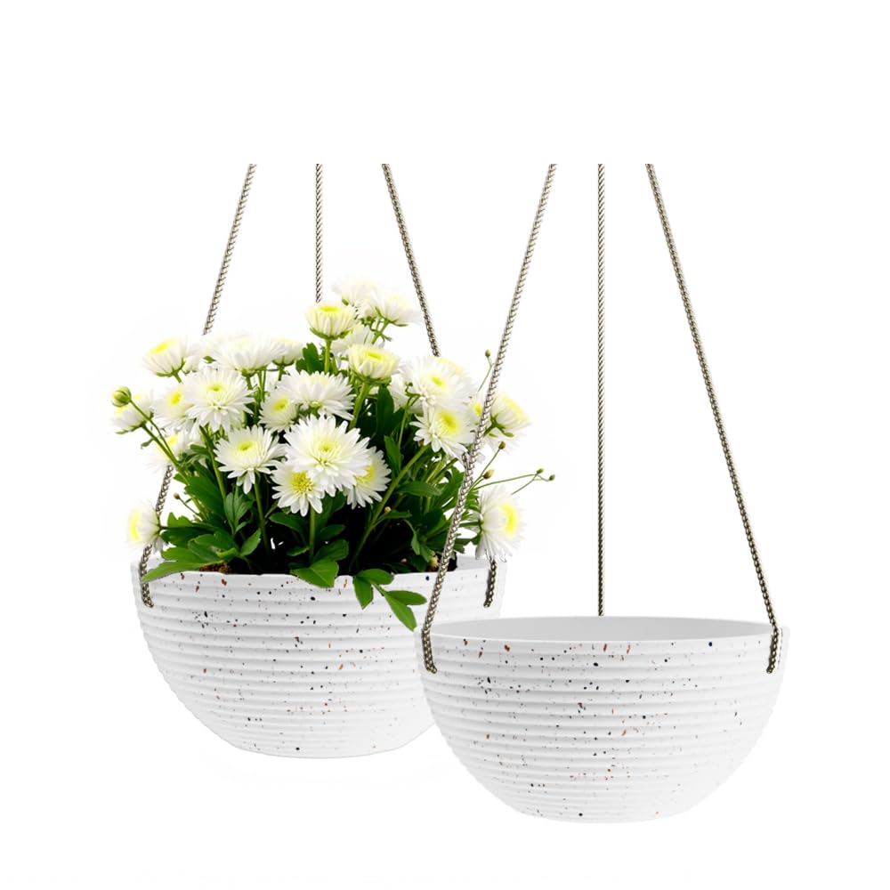 Asnext Line Pattern 10 Inch Hanging Planter for Indoor Outdoor Plants, 2 Pack Round Hanging Pots for Plants (Speckled White)
